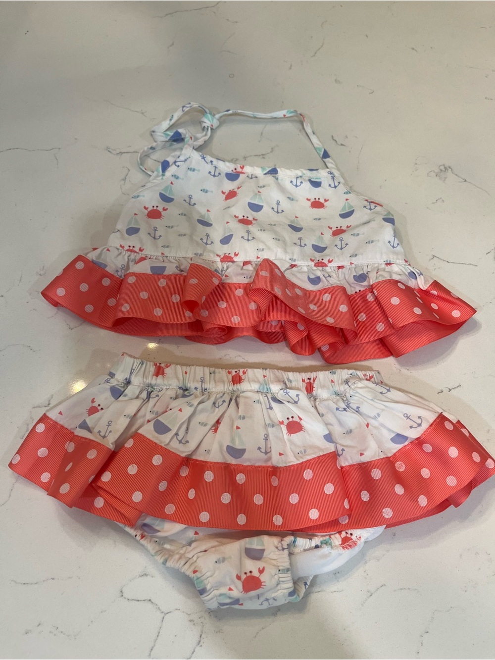 Girls Coral Polka Ruffle Tankini Set with Nautical Print